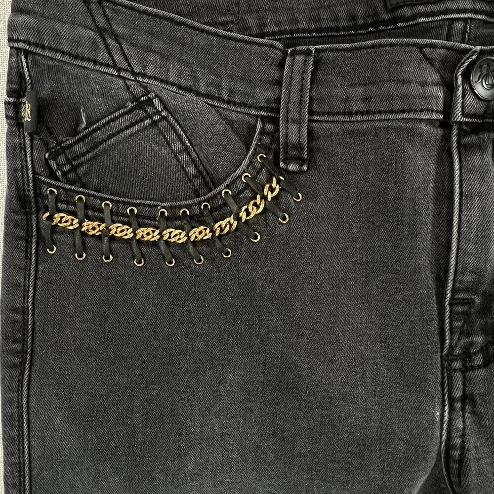 Rock & Republic Berlin Mid Rise Slim Straight Jeans Womens 12M Black Gold Chain - Picture 3 of 12